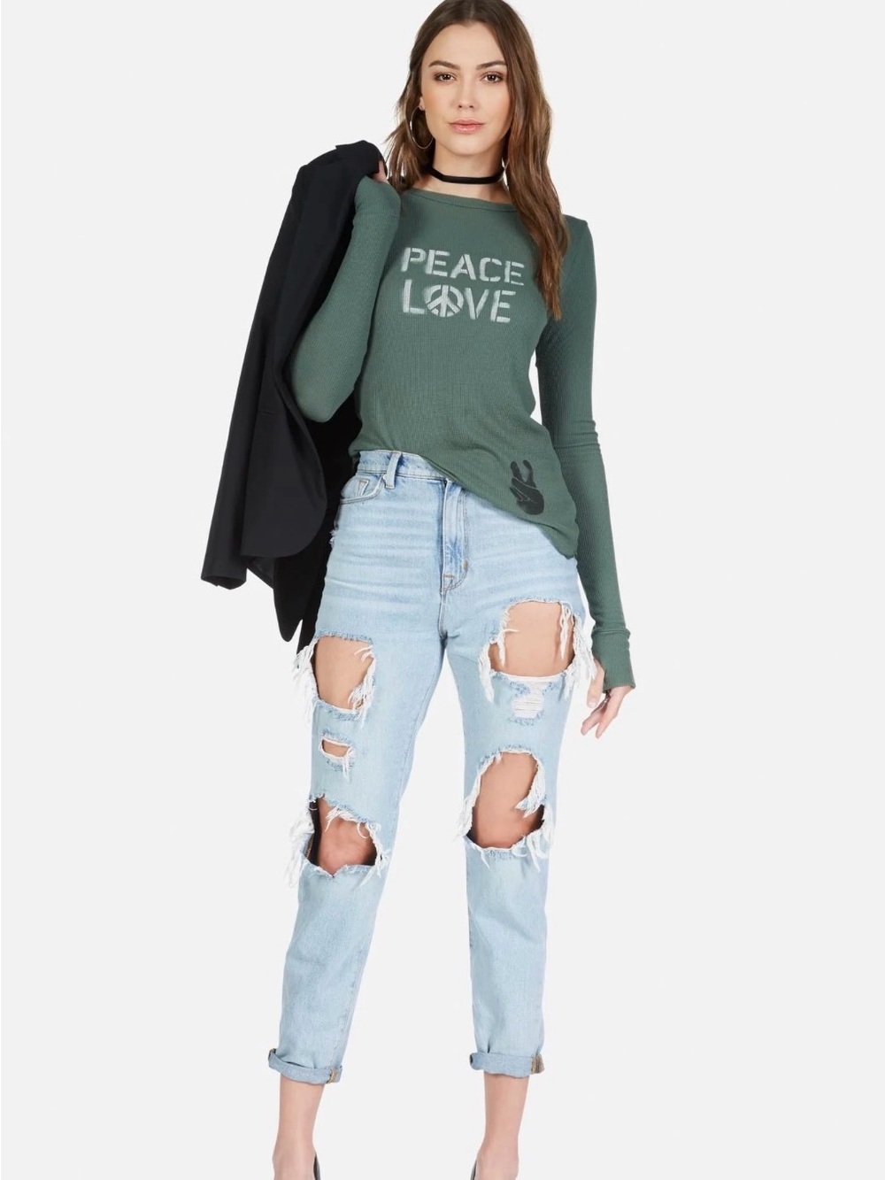 Lauren Moshi Olive Green MCKINLEY PEACE LOVE SPRAY Size L - Picture 4 of 9